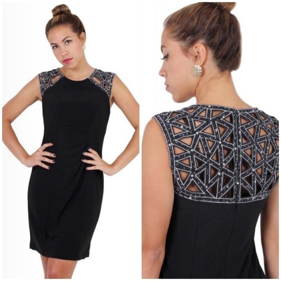 NWT Patra Black Sheath Party Cocktail Mini Dress Geometric Sequin Beaded Sz 4 - Picture 1 of 13